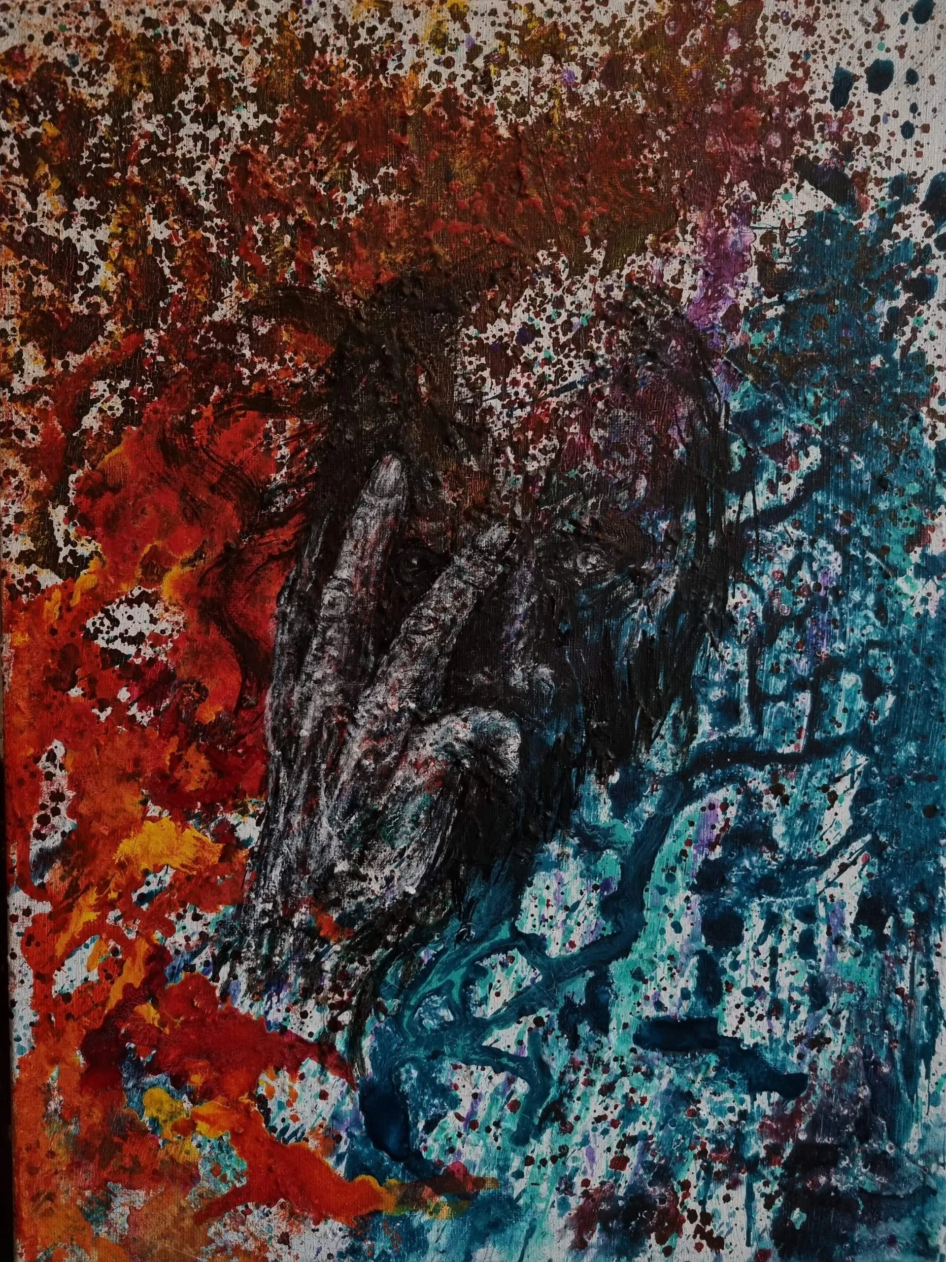 Abstraktes Kunstwerk mit einem menschlichen Gesicht und lebhaften Farben . In Hamburg von Ozzy gemalt