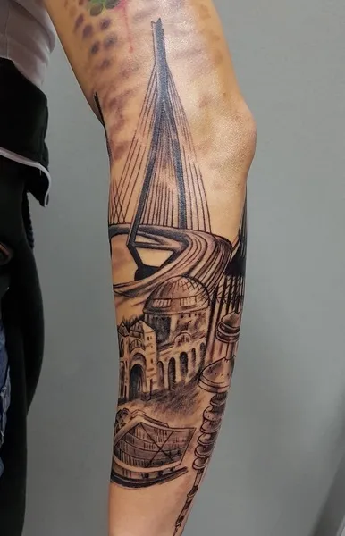 Tattoo der Hamburger Skyline mit Köhlbrandbrücke, Hafentor und Hafenmotiven. Hamburger-Skyline-Tattoo gestochen von Ozzy in Hamburg.