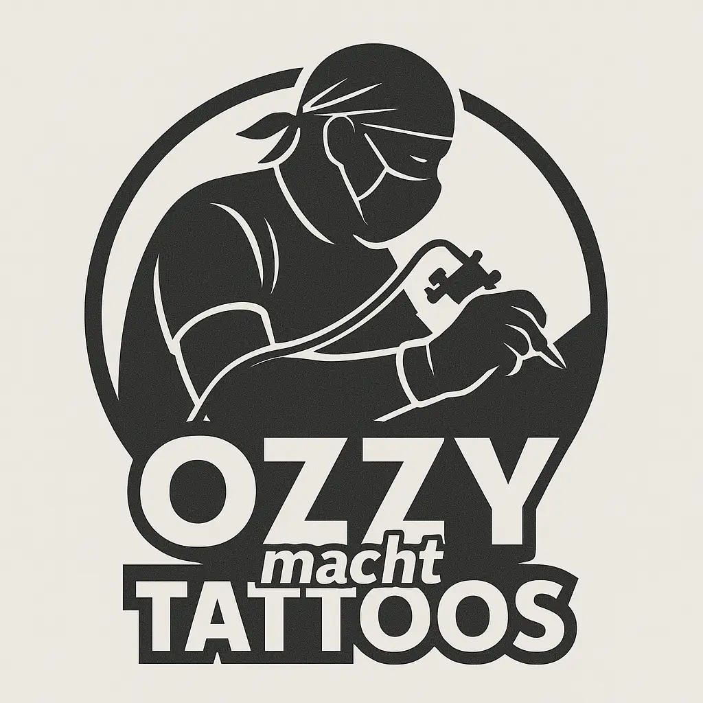 Tätowierer mit Maschinen in schwarzer Silhouette und Schriftzug Ozzy macht Tattoos . Tattoo in Hamburg von Ozzy gestochen