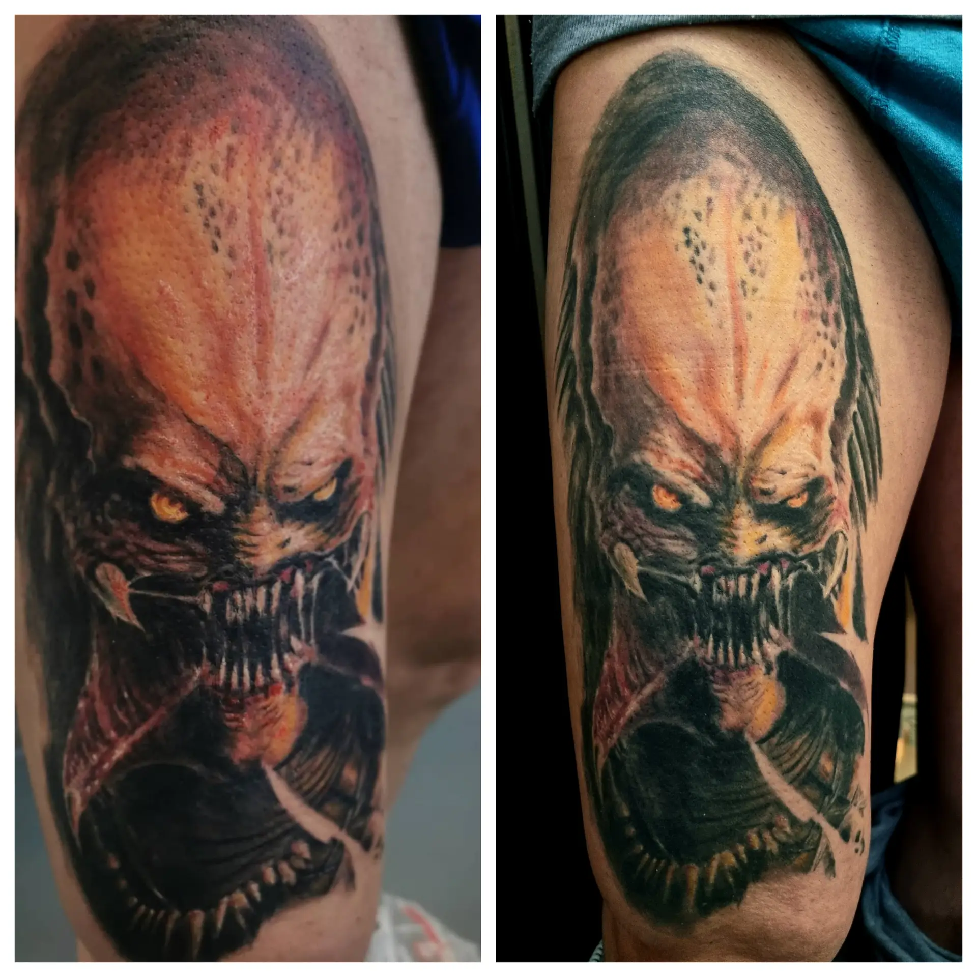 Detailreiche Predator Alien-Tattoo-Darstellung auf einem Oberschenkel . Tattoo in Hamburg von Ozzy gestochen