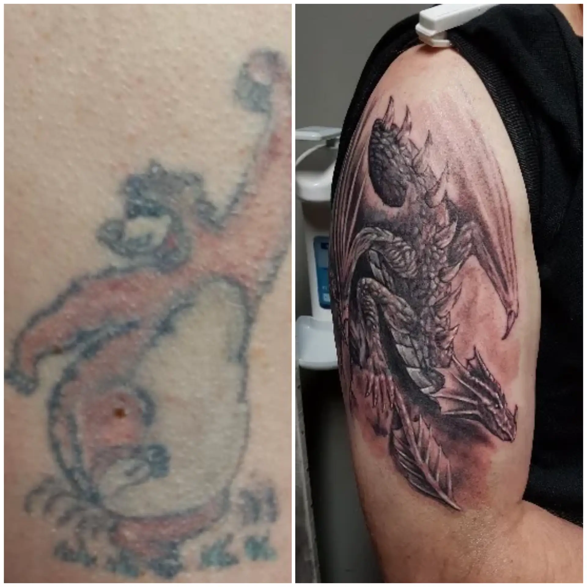 Vorher-Nachher-Tattoo: Ein Cover-up Tattoo von einem verblassten Balu-der-Bär-Tattoo mit einem detaillierten Drachen-Tattoo, das Smaug aus dem Herrn der Ringe darstellt, auf einem Arm . Tattoo in Hamburg von Ozzy gestochen