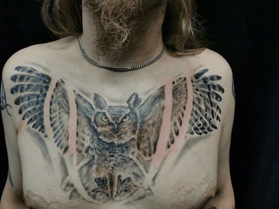 Eine große Eule mit ausgebreiteten Flügeln als Tattoo auf der gesamten Brust. Eulen-Tattoo von Ozzy in Hamburg gestochen.