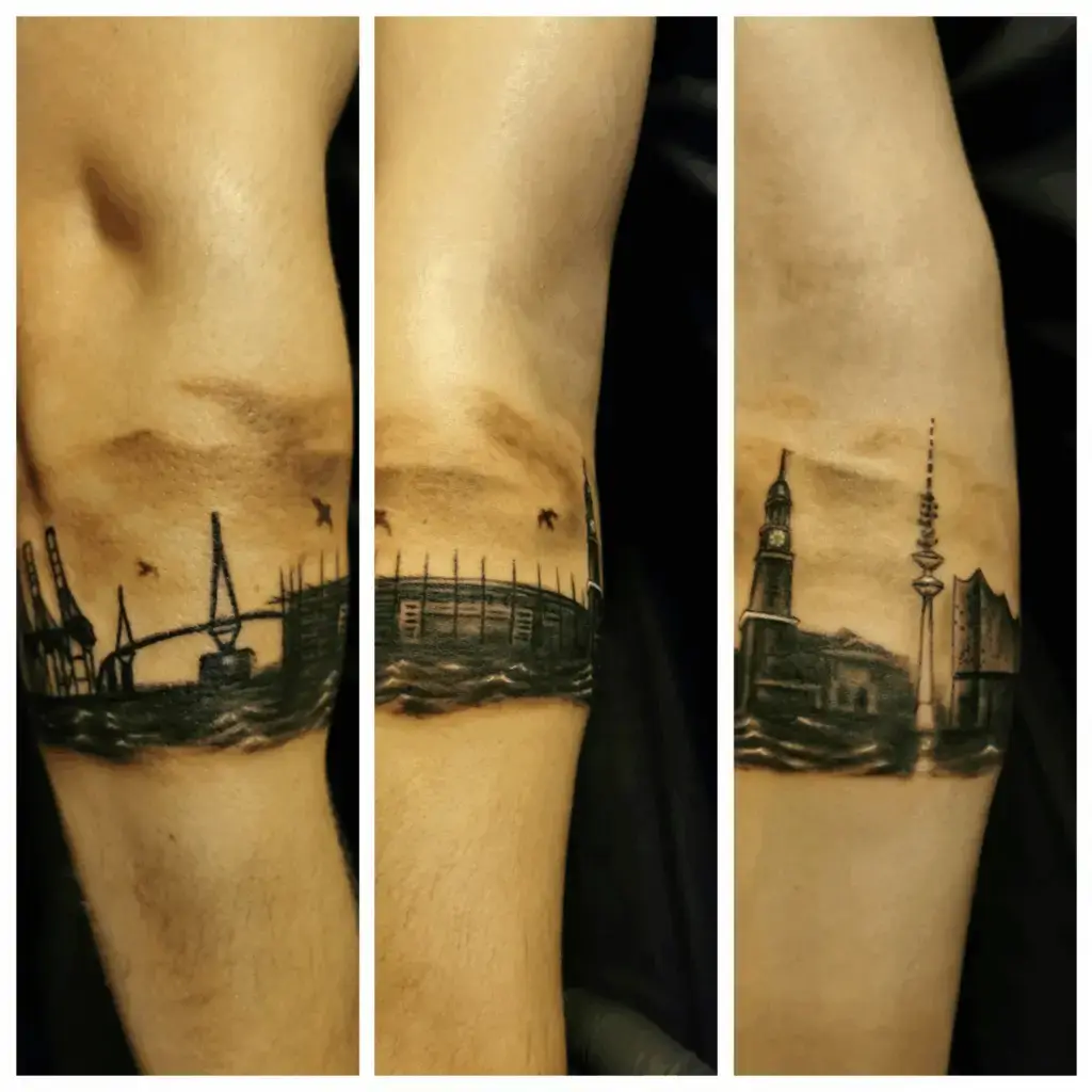 Hamburg-Skyline-Tattoo mit Elbphilharmonie und Fernsehturm . Tattoo in Hamburg von Ozzy gestochen