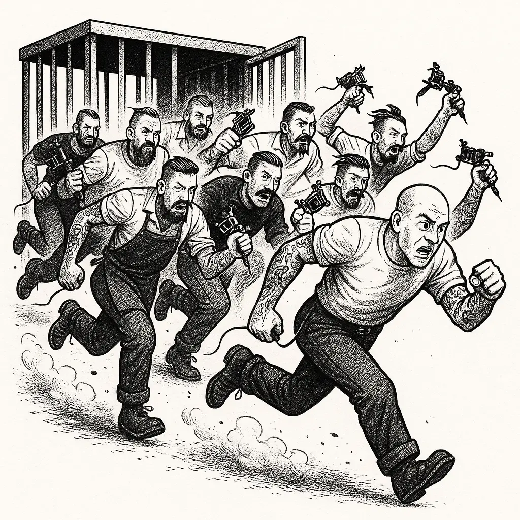 Eine Zeichunng von in einem Käfig eingesperrten Tätowierern, die nach den Corona-Lockdowns endlich frei sind und wieder arbeiten dürfen.